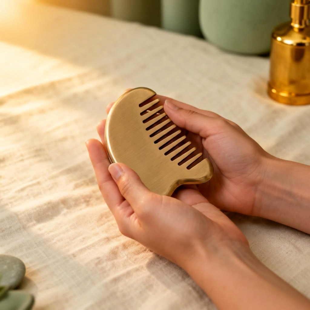Bronze comb gua sha tool on linen