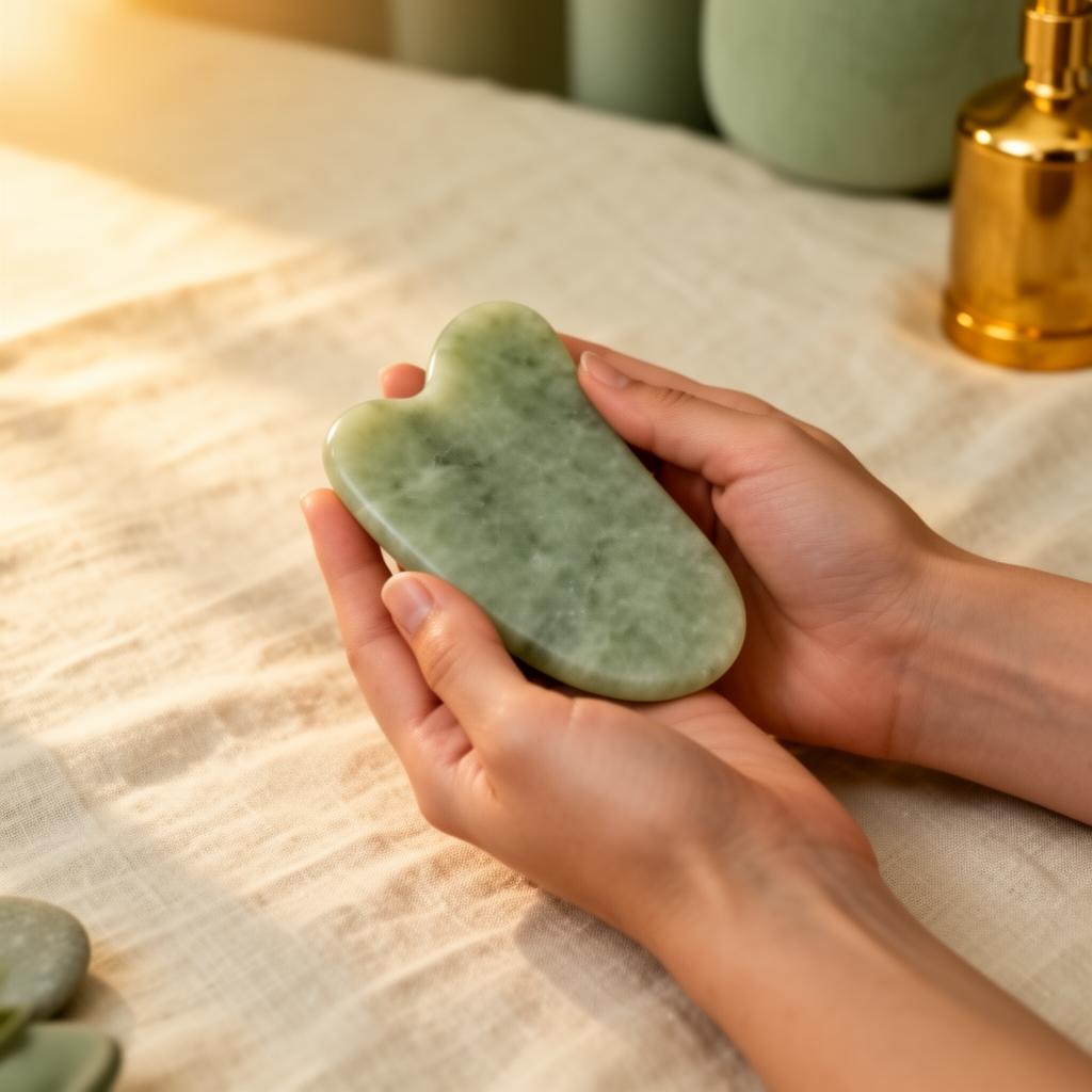 Jade gua sha tool in practitioner's hands