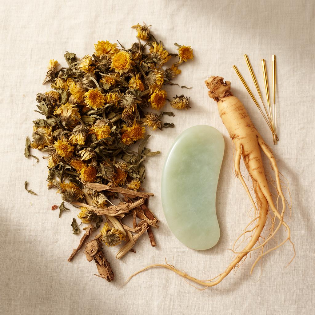 Traditional Chinese herbs and gold acupuncture needles
